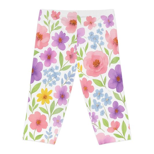 Floral Women's Capri Leggings, Spring Leggings, Cute Activewear, Yoga Pants, Gifts for Her, Botanical Print Leggings