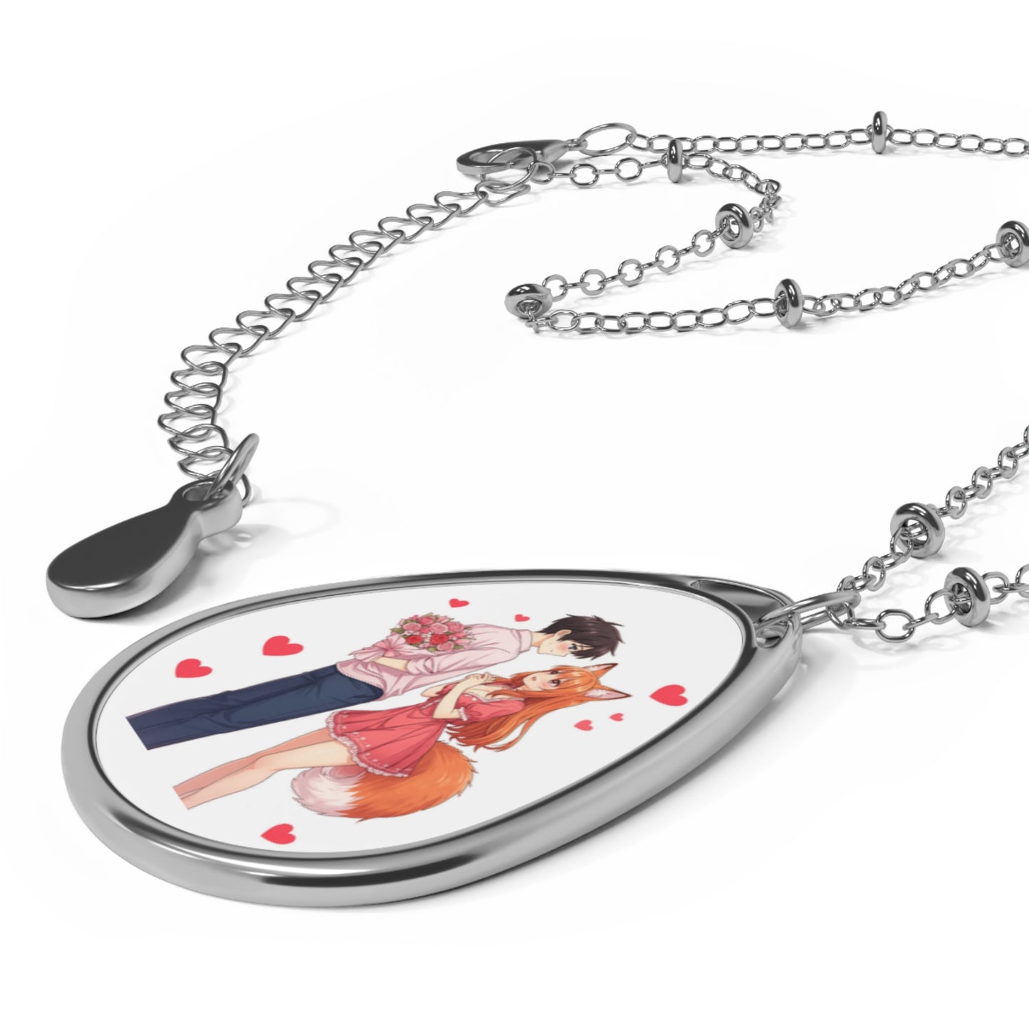 Fox Girl Love | Anime Couple Oval Pendant Necklace for Valentine