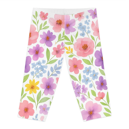 Floral Women's Capri Leggings, Spring Leggings, Cute Activewear, Yoga Pants, Gifts for Her, Botanical Print Leggings