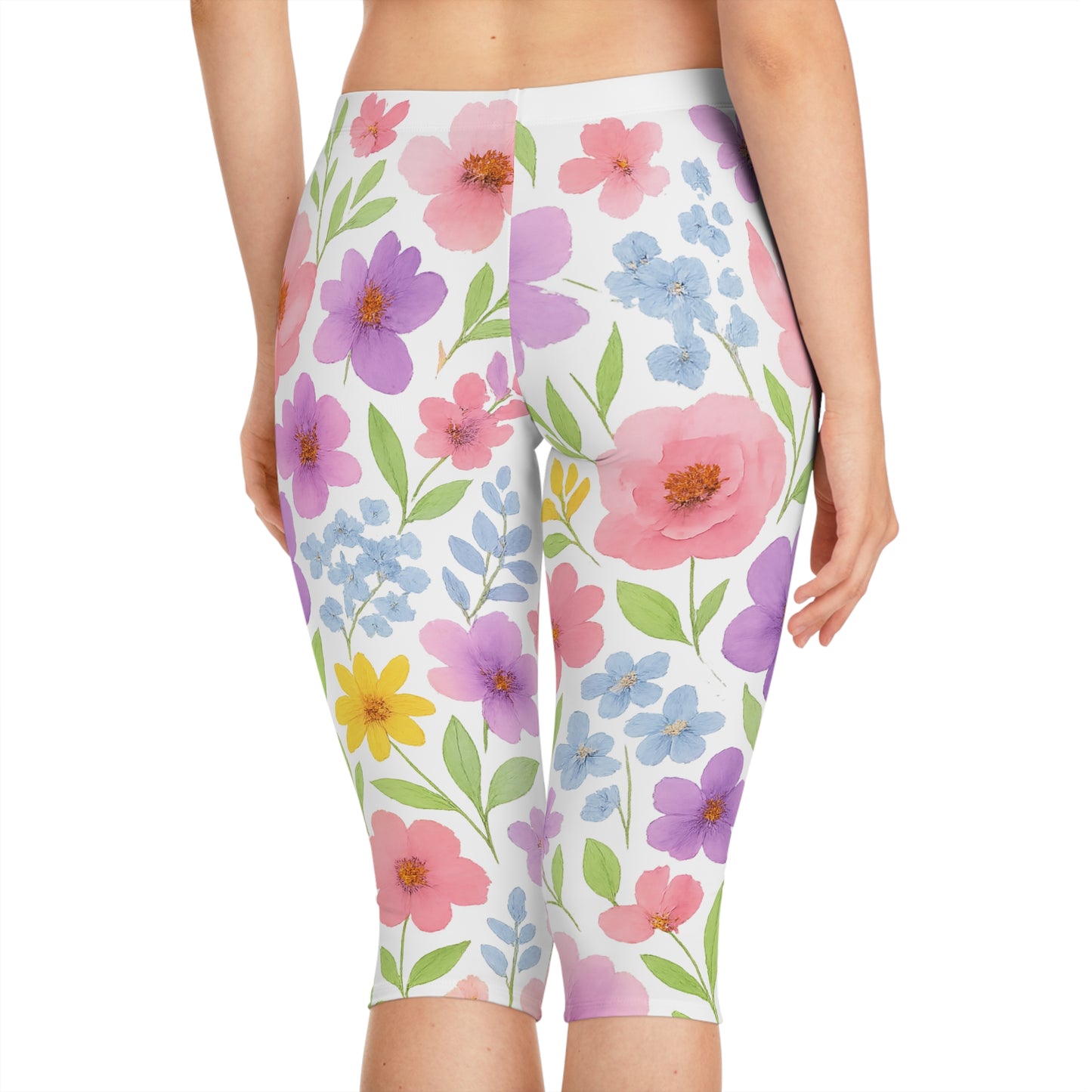 Floral Women's Capri Leggings, Spring Leggings, Cute Activewear, Yoga Pants, Gifts for Her, Botanical Print Leggings