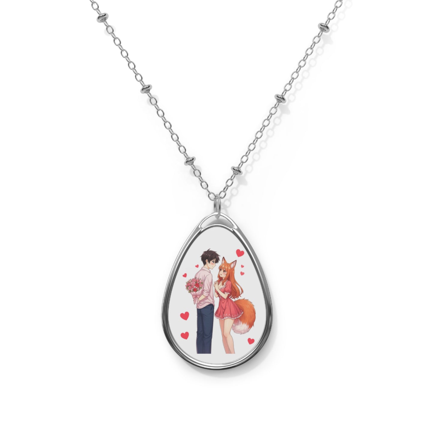 Fox Girl Love | Anime Couple Oval Pendant Necklace for Valentine