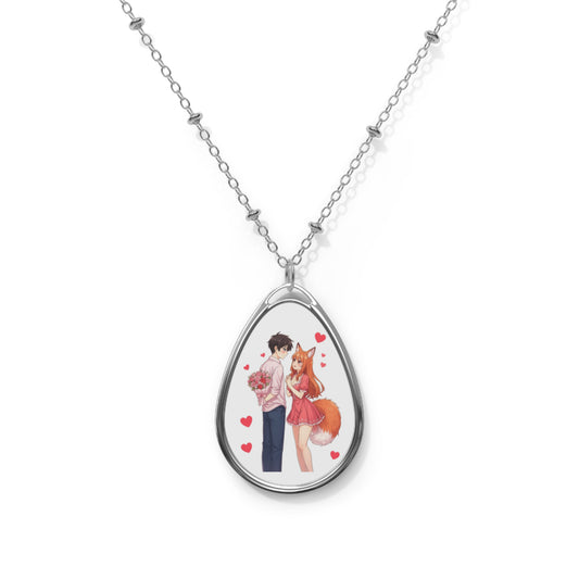 Fox Girl Love | Anime Couple Oval Pendant Necklace for Valentine